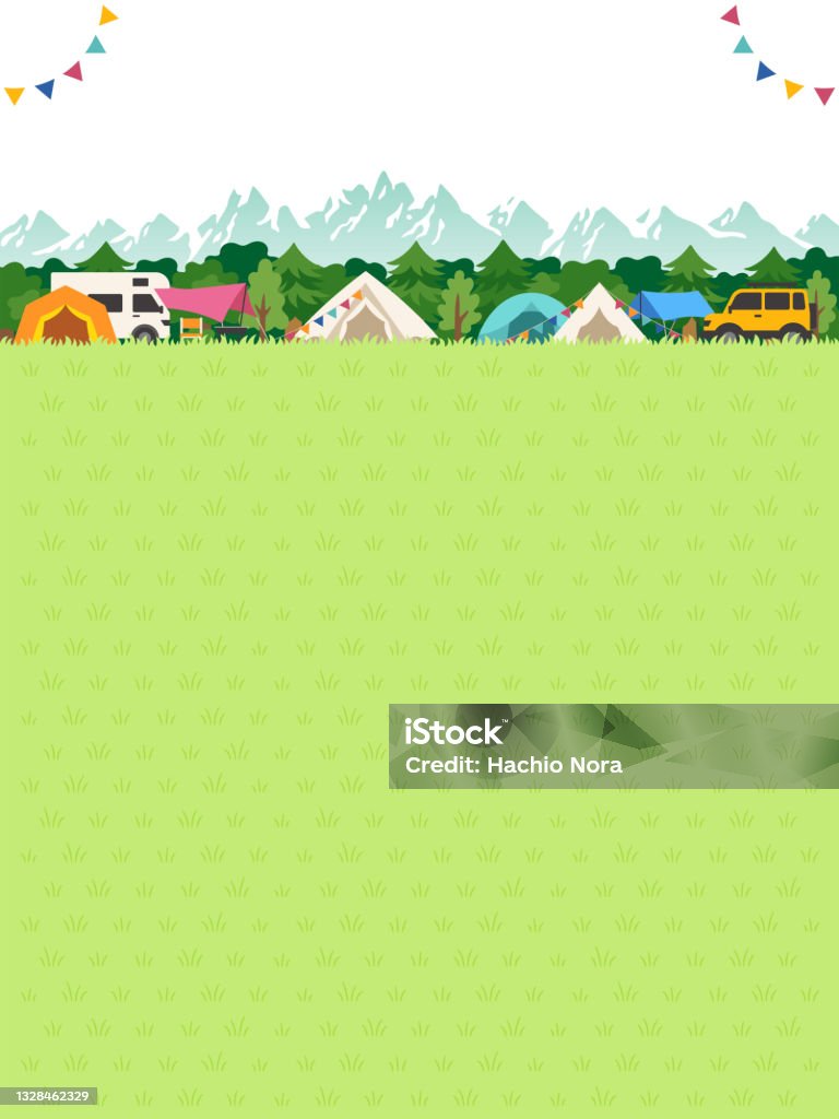 芝生と森と山とキャンプ場の背景イラスト - キャンプするのロイヤリティフリーベクトルアート