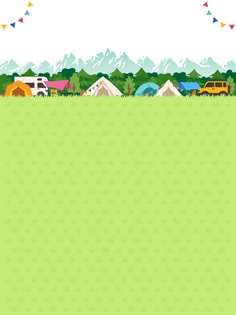 Background illustration of campsite with lawn and forests and mountains Vertical frame illustration of the background with a lawn square in front of the campsite and forests and mountains behind background of a camping stock illustrations