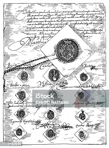 istock Last sheet of the Vienna Peace Certificate. After the original in the Reich Archive to Budapest 1328462530