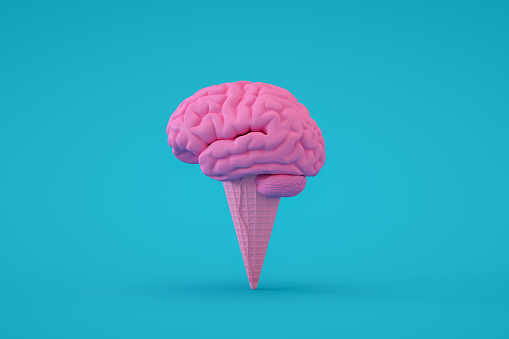 3d rendering of brain on ice cream cone. Artificial intelligence, machine learning concept with brain.