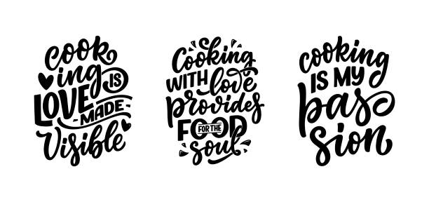 Set with hand drawn lettering quotes in modern calligraphy style about cooking. Inspiration slogans for print and poster design. Vector Set with hand drawn lettering quotes in modern calligraphy style about cooking. Inspiration slogans for print and poster design. Vector illustration non western script stock illustrations