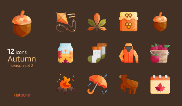 autumn seasonal flat design icon set autumn seasonal flat design icon set. Detailed glossy style for decorative oak fire stock illustrations