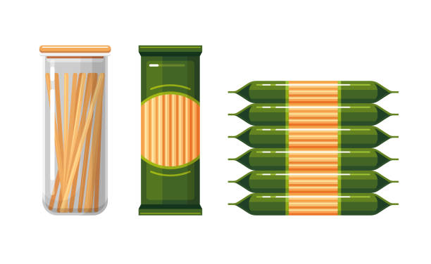 illustrazioni stock, clip art, cartoni animati e icone di tendenza di spaghetti in confezione di plastica e contenitore per la conservazione degli alimenti - spaghetti crudi