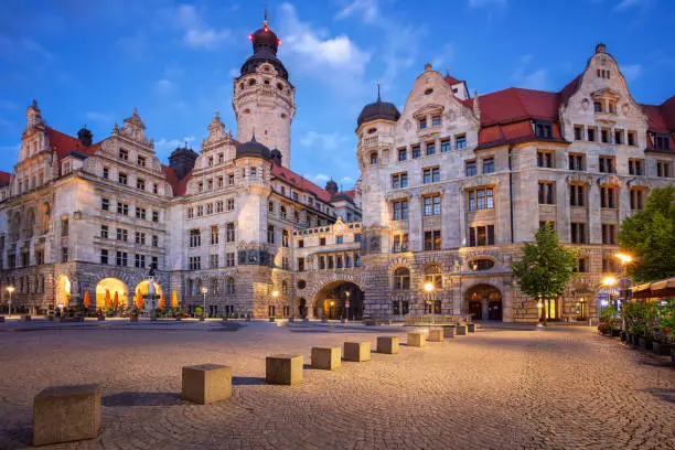 Cityscape image of Leipzig, Germany with New Town Hall at twilight blue hour.