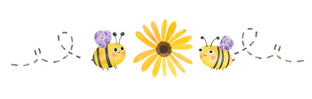 ilustraciones, imágenes clip art, dibujos animados e iconos de stock de lindo abejorro de acuarela de granja volando a una flor de margarita. invitación de banner de apiario. - animal beautiful beauty in nature bee