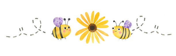 симпатичный фермерский акварельный шмель летит на цветок ромашки. пасека баннерного приглашения. - animal beautiful beauty in nature bee stock illustrations