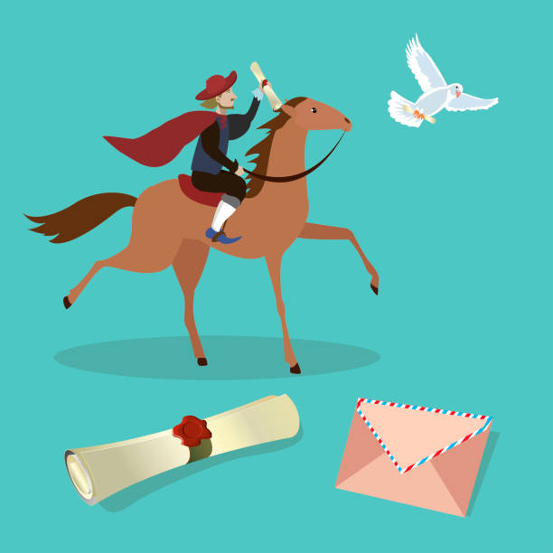 Ancient post.mail, messenger with a letter on horse , carrier pigeon, ancient communications