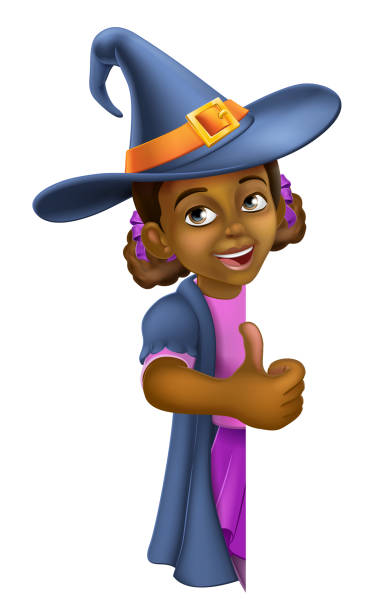 ilustraciones, imágenes clip art, dibujos animados e iconos de stock de black girl cartoon child halloween witch sign - halloween witch frame wizard