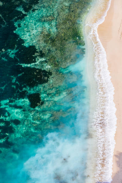 istock Beach scene from above - blue ocean waves hitting a sandy beach. 1328474443