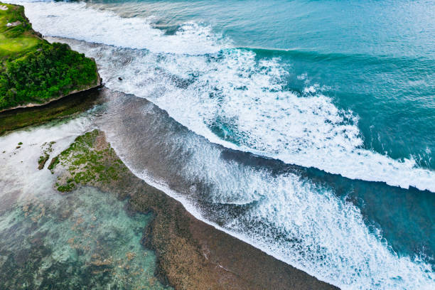 istock Big ocean waves hitting a coral reef. View from above. 1328475037