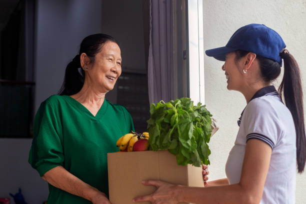 Young woman delivering groceries to senior woman stock photo