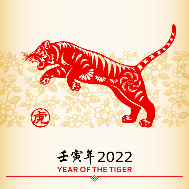 Chinese New Year Tiger Celebrate the Year of the Tiger 2022 with the red colored paper cut on floral background, the Chinese stamp means Tiger and the Chinese phrase means Year of the Tiger according to Chinese Lunar calendar tigers stock illustrations