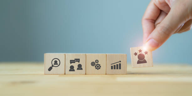 istock Human resource management concept. Manager hold cube with promoted staff icon and HRM stage icon on cubes; recruitment, training, performance management, rewarding  with blue background. Copy space. 1328476685