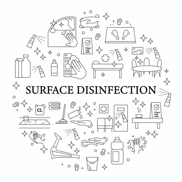 illustrazioni stock, clip art, cartoni animati e icone di tendenza di poster circolare di disinfezione superficiale - cleaning silhouette people residential district