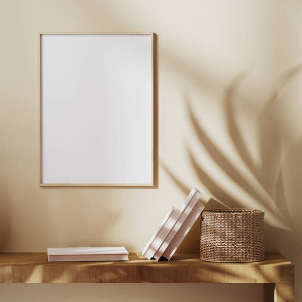 istock blank wooden frame mock up on beige wall with sunbeam and palm leaves shadow, boho style, balinese style, 3d rendering 1328479127