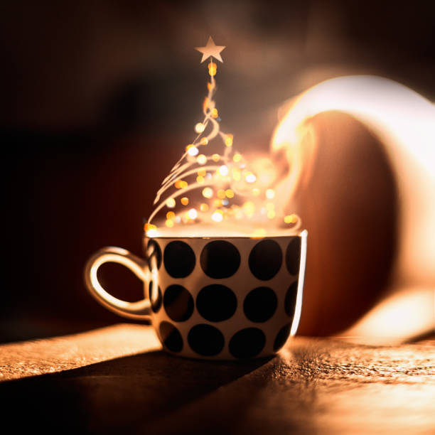 christmas tree made with steam and bokeh of hot drink in cup . creative winter holidays. - julfika bildbanksfoton och bilder