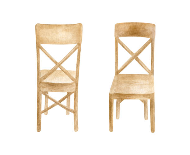 Watercolor wood chairs set. Hand drawn brown furniture with wooden texture Watercolor wood chairs set. Hand drawn brown furniture with wooden texture isolated on white background. Front and back view. Sketch for home interior, restaurant design, wedding decor banquet chairs stock illustrations