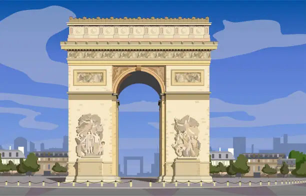 Vector illustration of Paris, Arc de Triomphe on the Champs Elysees. Vector.