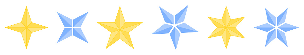 3d extruded star icons. Four five and six pointed version