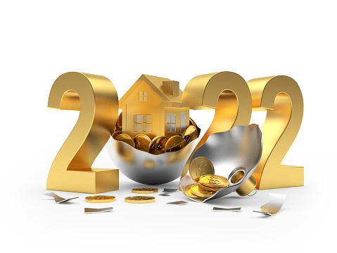 Golden number 2022 with a house and coins in a broken Christmas ball. 3D illustration