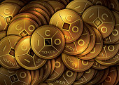 ICO token background. ICO - Initial Coin Offering. Golden ICO token. Lucky feng shui coin.