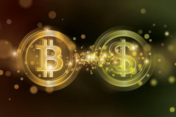 istock Exchange bitcoins for USD. Bitcoin sale for dollars. Bitcoin sale rate. Bitcoin and dollar coin with blurred gold star dust background. Blockchain and cryptocurrency economy vector illustration. 1328483655