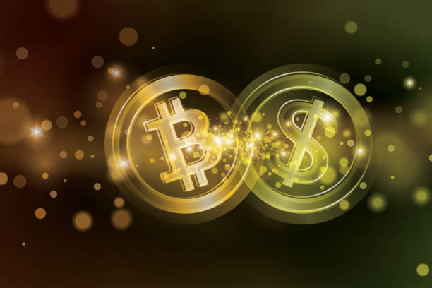 istock Exchange bitcoins for USD. BTC USD. Bitcoin sale for dollars. Bitcoin sale rate. Bitcoin and dollar coin on blurred background. Blockchain and cryptocurrency economy vector illustration. 1328483662