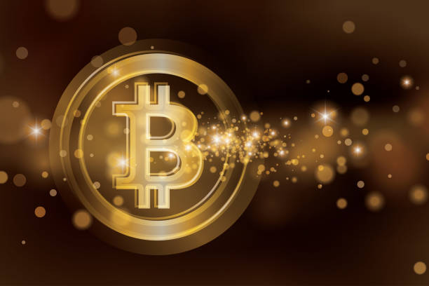 istock Bitcoin background with gold star dust texture. Golden Bitcoin token with glow in space vector illustration. 1328483793