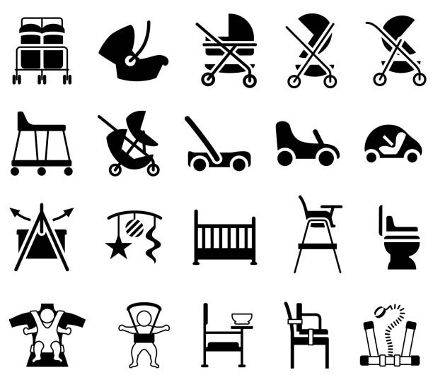 ikon produk bayi. prams, kereta bayi, harness, walkers dan kursi. - stroller car seat ilustrasi stok