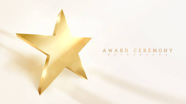 ilustraciones, imágenes clip art, dibujos animados e iconos de stock de estrella de oro en forma de estrella, fondo de efecto de lujo de brillo de luz, concepto de escena de ceremonia de premios. ilustración vectorial. - award