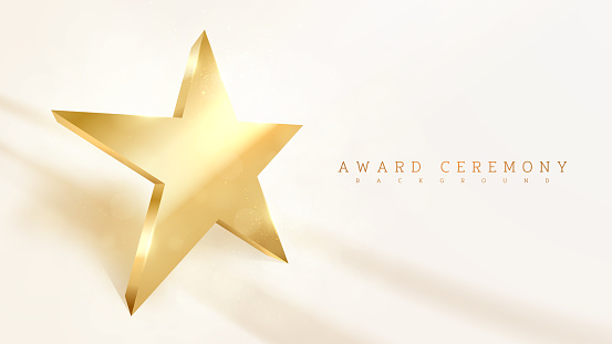 Gold star shaped, light sparkle luxury effect background, award ceremony scene concept. vector illustration.