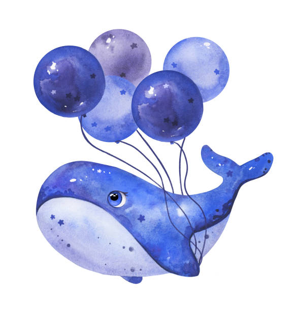 Cute nursery watercolor hand drawn whale illustration clip art Childish sparkling baby nursery watercolor hand drawn whale illustration clip art . watercolor hot air balloon stock illustrations