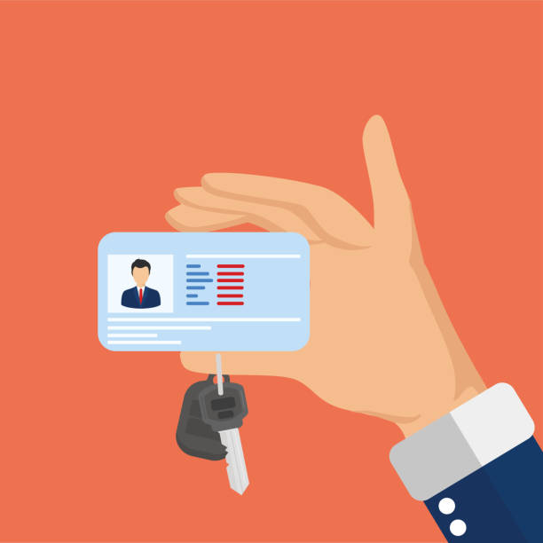 Close-up of hands of person holding driver's license and car key. Photo driver's ID card. Car license concept. Vector illustration in flat style. Young male hand holding car license and car keys. There is a passport photo of a person in a suit on the driver's license, the identity information is censored. He holds the car keys on his thumb. Background orange solid color. driving license consept. driving licence stock illustrations