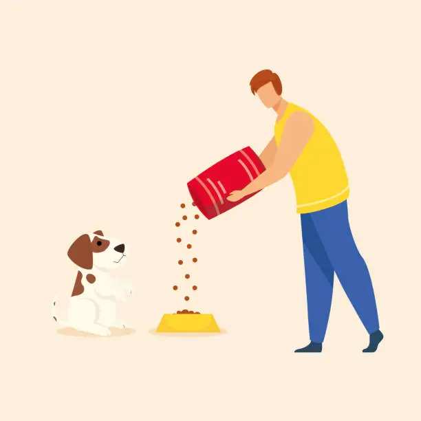 Vector illustration of Young man who cares about feeding pets. Vector of man filling dog food box of breed dog food box. Illustration of isolated icon on flat background in cartoon style.