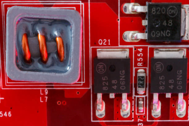 istock Electronic Printed Circuit Board in red with Electronic components- top view 1328492870