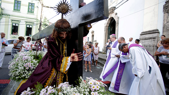 salvador, bahia, brazil - april 7, 2017: Religious procession marks the path of Jesus during crucifixion in Jerusalem. Event takes place in the city of Salvador.