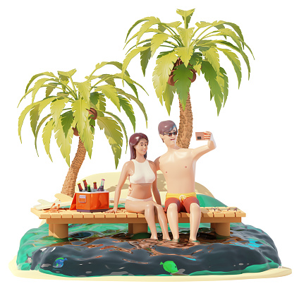 Young couple making beach selfie on wooden pier. Man and woman surfers seating on the seaside pier with surfboard and smartphone. Holidays on sea or ocean beach. 3d illustration