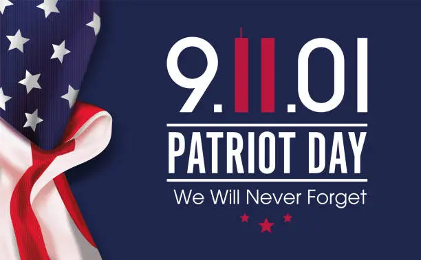Vector illustration of National Day of Prayer and Remembrance for the Victims of the Terrorist Attacks on 09.11.2001. Vector banner design template with realistic american flag and text on dark blue background for Patriot Day.