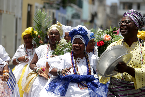 salvador, bahia, brazil - november 20, 2018: Members of the Candombles religion are seen during a religious procession in the city of Salvador.\