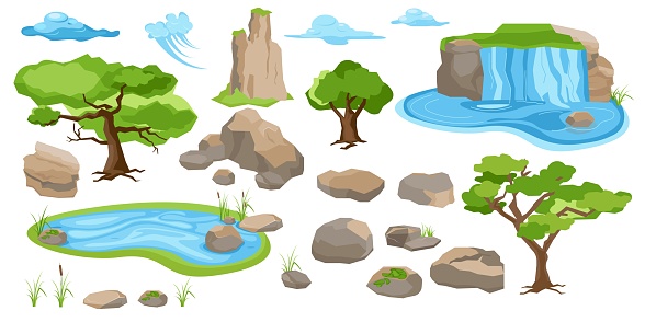 Landscape constructor. Forest trees, lake, mountains and stones, peaks of clouds. Landscape elements isolated set of vector set. Natural landscape, peak and forest, rock and mountain illustration