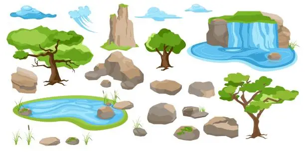 Vector illustration of Forest trees, lake, mountains and stones, peaks of clouds. Landscape elements isolated set of vector set