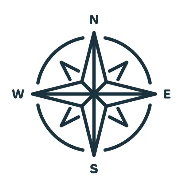 Vector illustration of Compass Line Icon. Simple flat symbol. Wind Rose with North, South, East and West Indicated Linear Icon. Sign of Direction and Navigation. Editable stroke. Vector illustration