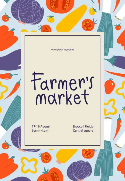 Vector illustration of Vegetable frame border for farmers market poster design. Fresh local veggies in trendy flyer.