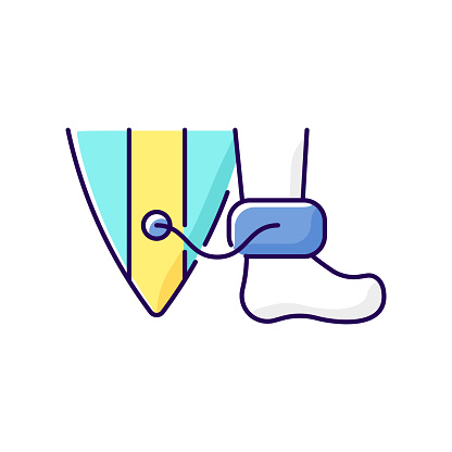Wearing surfboard leash RGB color icon. Isolated vector illustration. Being attached to surfboard deck by leg rope. Preventing board from runaways and hitting other surfers simple filled line drawing
