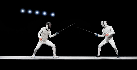 Fencing athletes fighting against black background ..