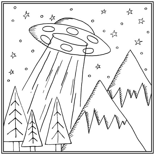vector hand drawn illustration of an ufo in the mountains in black and white. vector art illustration