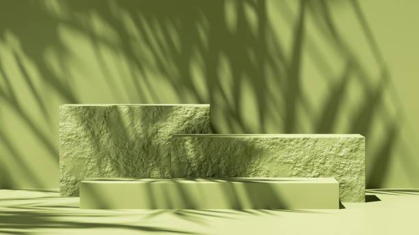 istock 3d render, abstract green background with leaves shadow and bright sunlight. Minimal showcase scene with cobble stones pedestal for organic cosmetic product presentation 1328499000