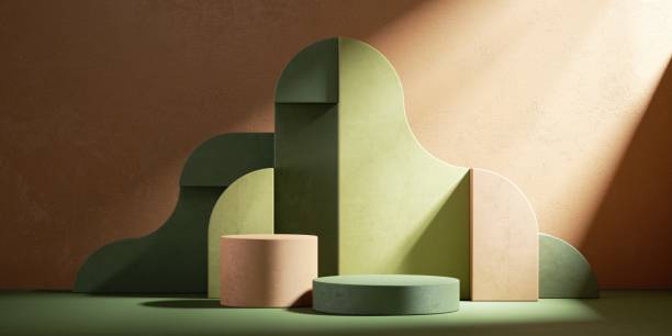istock 3d render, abstract modern showcase with empty podiums and assorted geometric shapes isolated on terracotta background and illuminated with sunlight rays 1328499017