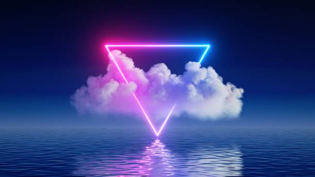 istock 3d render, fantasy background with glowing neon triangle frame and white cloud above the calm water. Abstract seascape 1328499047