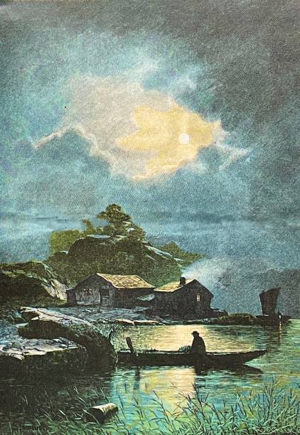 Full moon night at the coast, fisherman arriving in a boat Illustration from 19th century. retro landscape stock illustrations